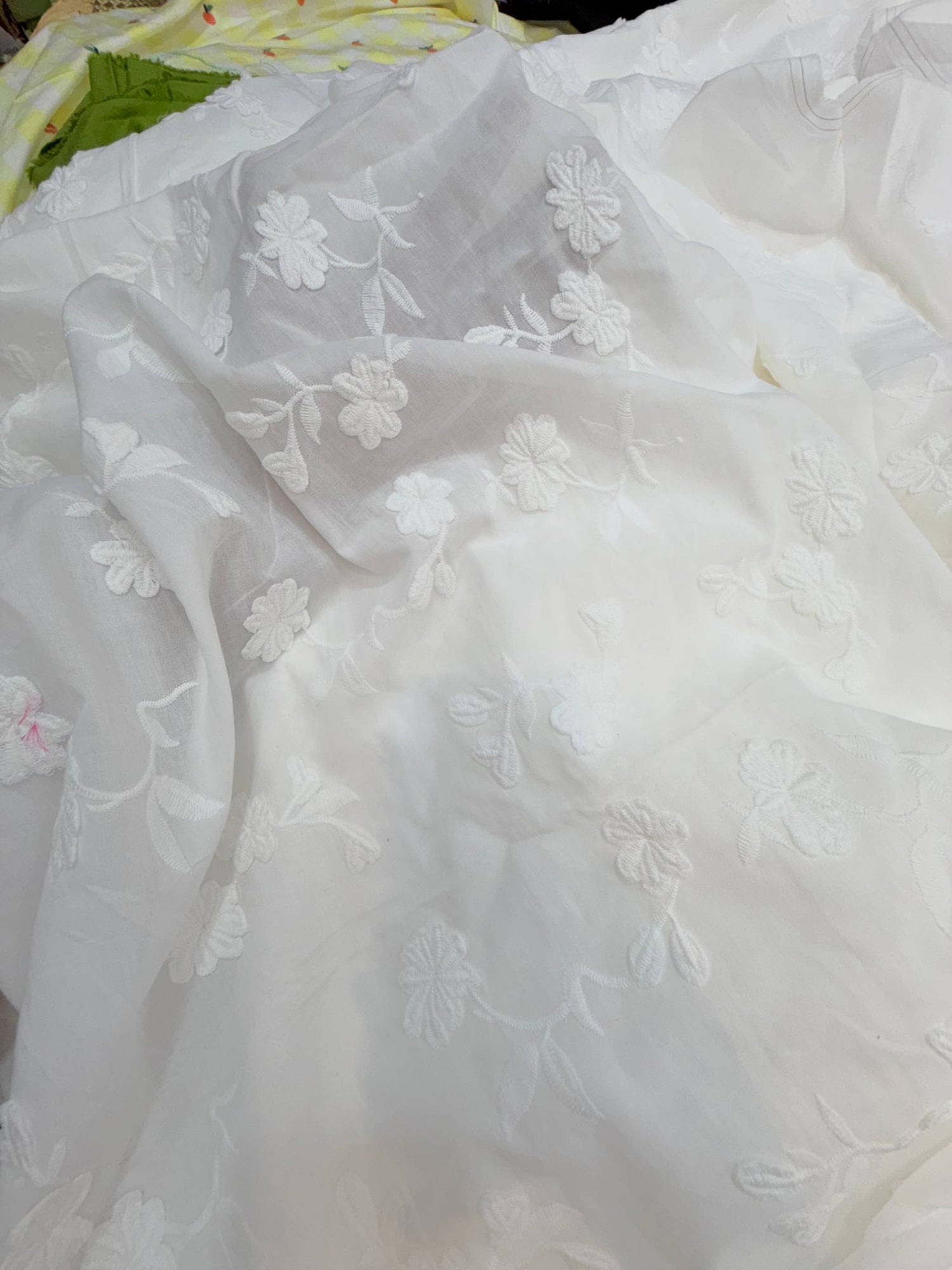 Premium Fine 3D Flower With Chikankari On Pure Cotton FABRIC (Big WIDTH!!) (Dyeable Also)