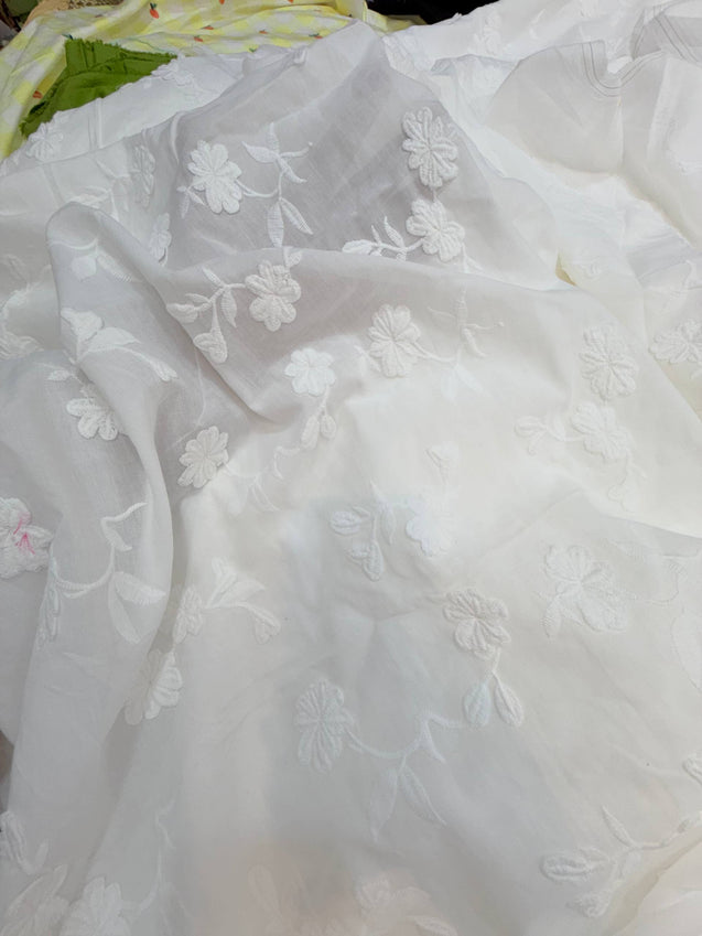 Premium Fine 3D Flower With Chikankari On Pure Cotton FABRIC (Big WIDTH!!) (Dyeable Also)