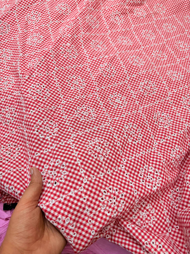 Most Premium Pure Fine Thread Embroidery On Checks Cotton FABRIC (Big WIDTH!!)