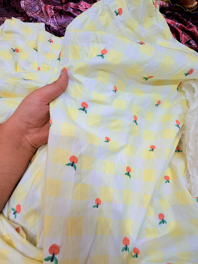 Most Premium Pure Fine Thread Embroidery On Checks Cotton FABRIC (Big WIDTH!!)