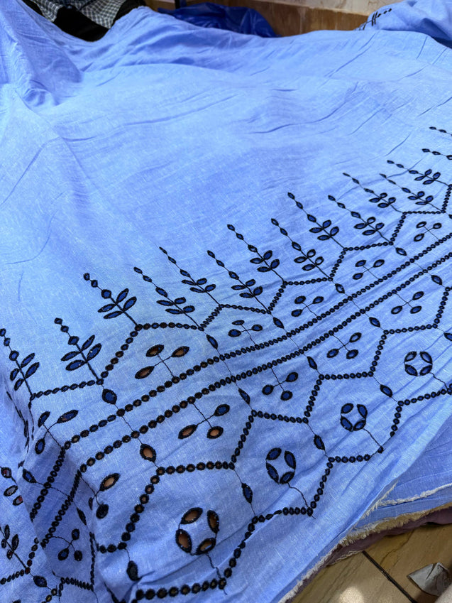 Premium Chikankari Embroidery On Pure Cotton Denim FABRIC (Big WIDTH!!)