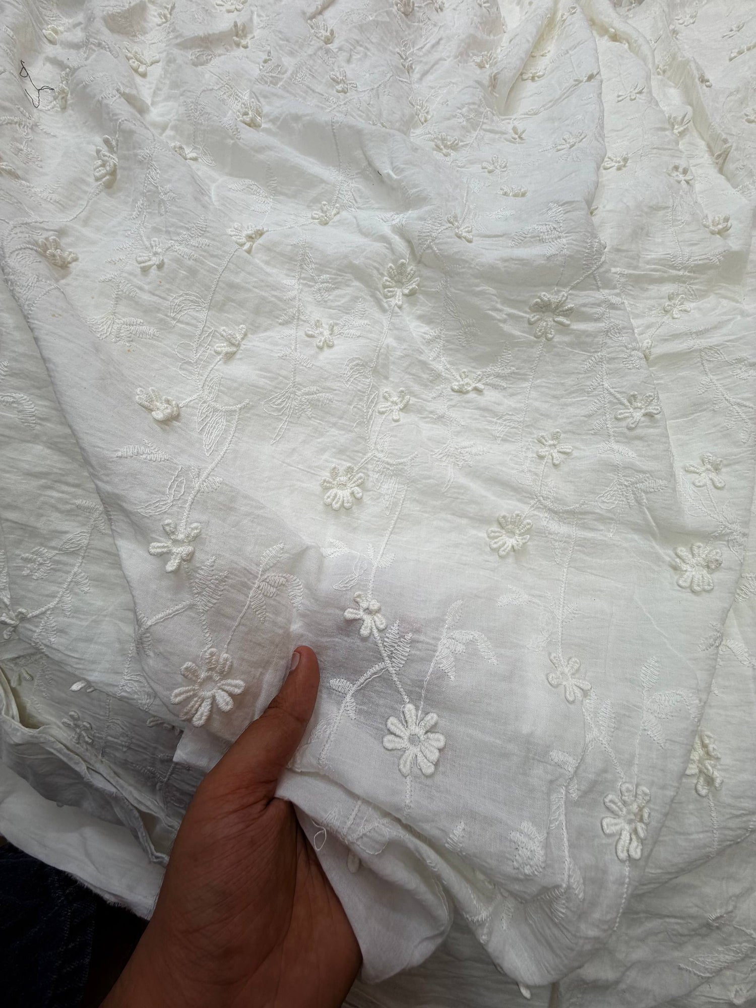 Premium Fine 3D Dori Work With Chikan On Pure  Cotton FABRIC (Big WIDTH!!)  (Dyeable Also)