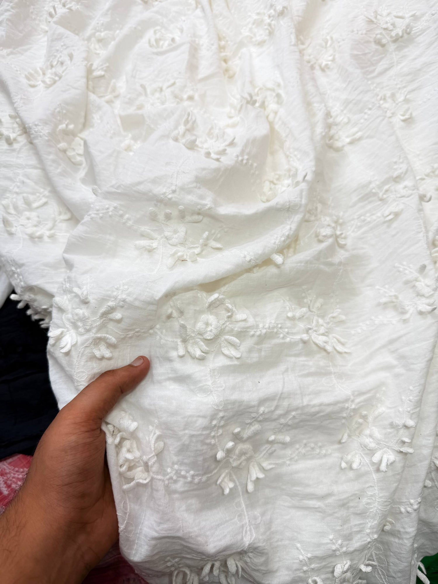 Premium Fine 3D Dori Work With Chikan On Pure  Cotton FABRIC (Big WIDTH!!)  (Dyeable Also)