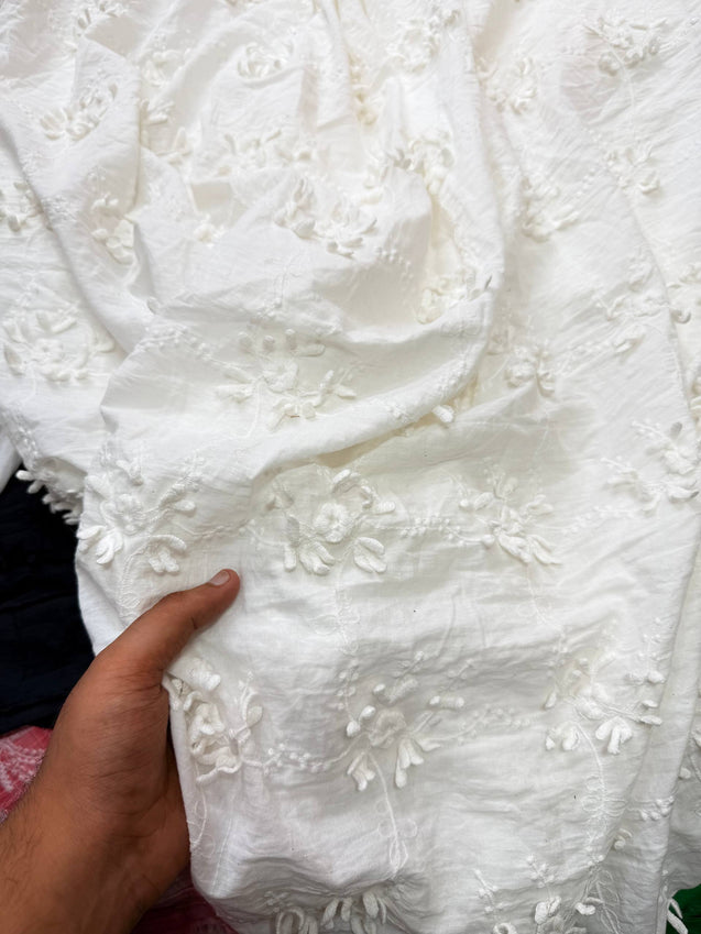 Premium Fine 3D Dori Work With Chikan On Pure  Cotton FABRIC (Big WIDTH!!)  (Dyeable Also)