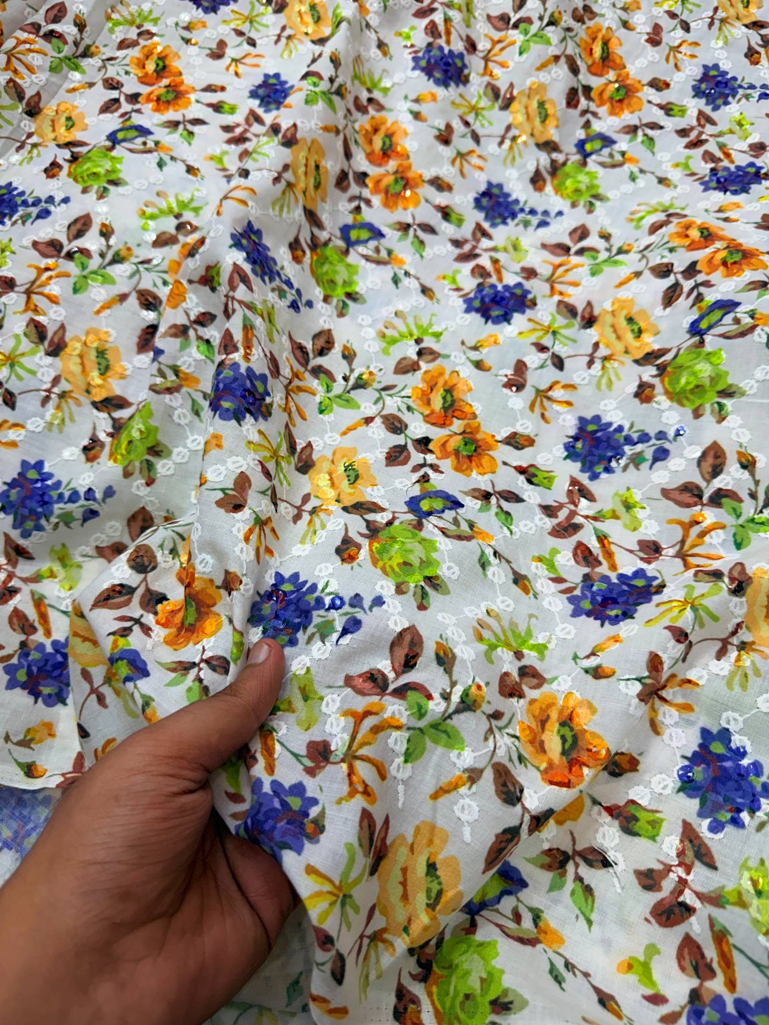 Most Premium Pure Cotton Chikankari Printed & Sequin Fabric (Big WIDTH!!)