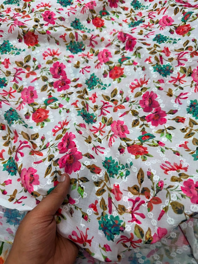 Most Premium Pure Cotton Chikankari Printed & Sequin Fabric (Big WIDTH!!)