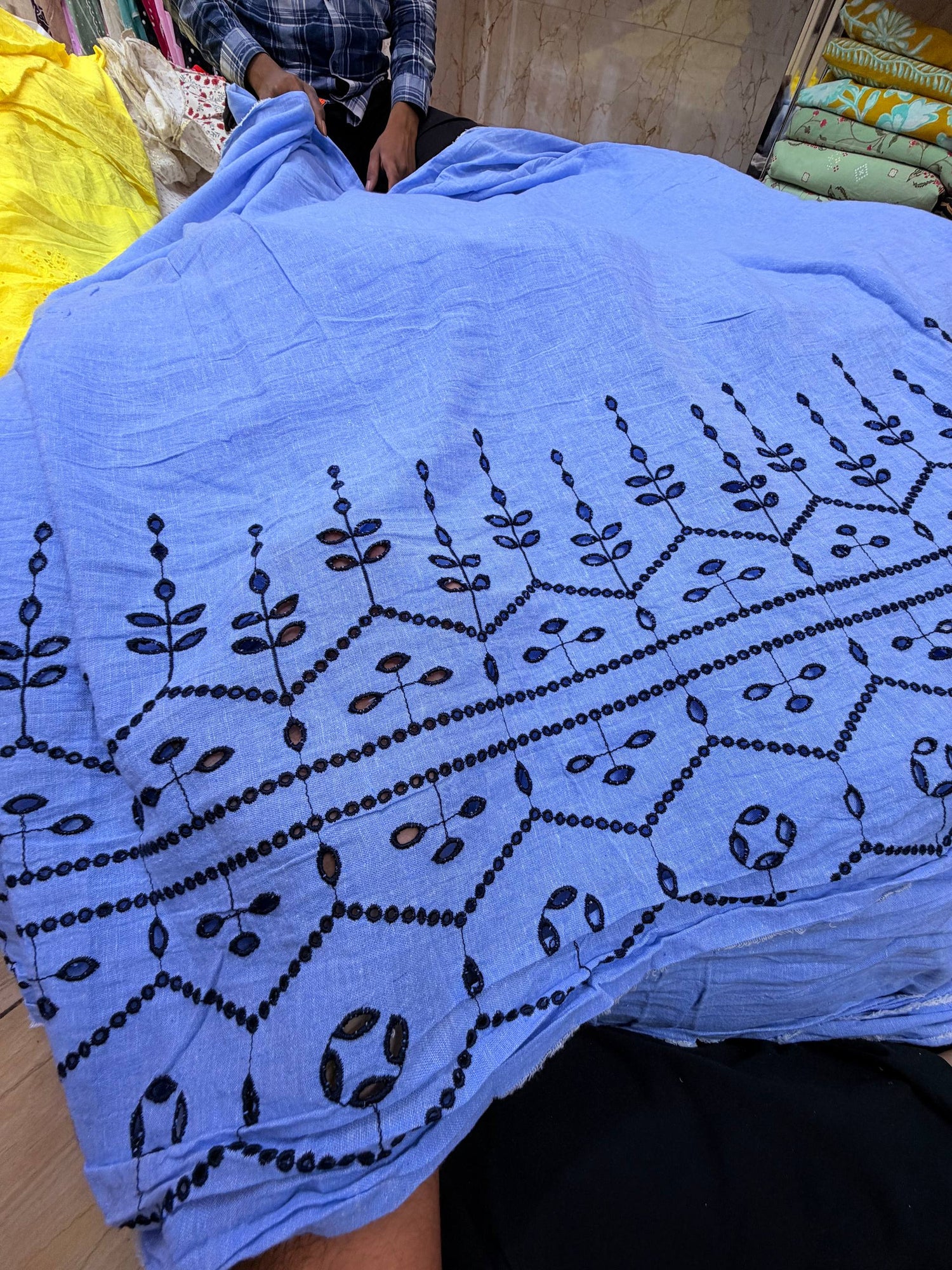 Premium Chikankari Embroidery On Pure Cotton Denim FABRIC (Big WIDTH!!)