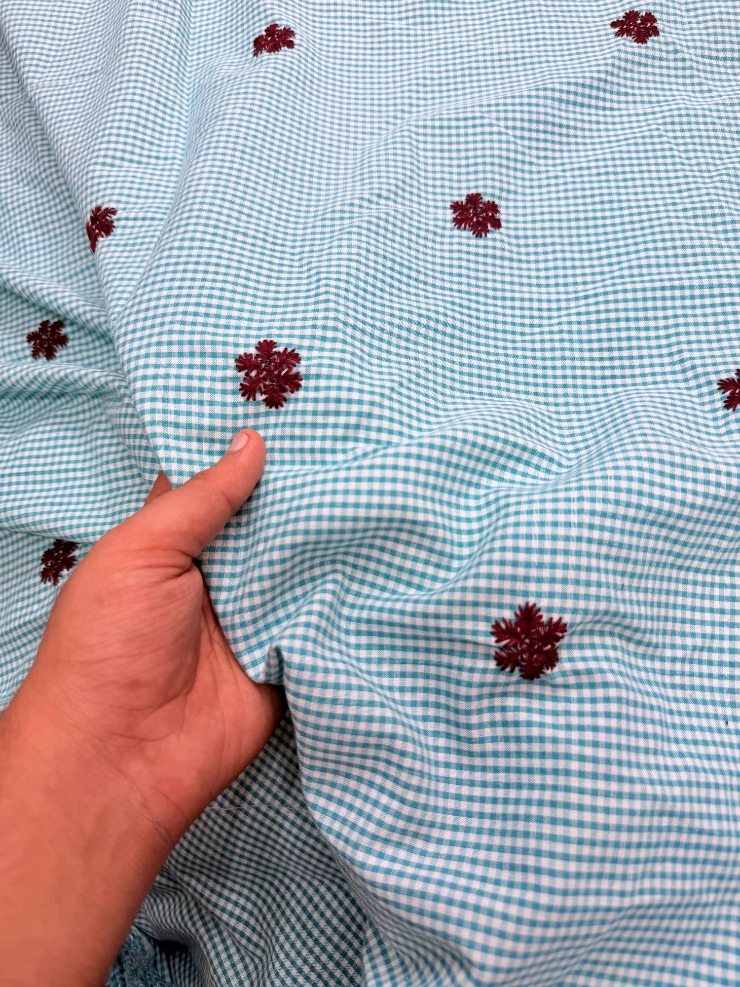 Most Premium Pure Fine Thread Embroidery On Checks Cotton FABRIC (Big WIDTH!!)