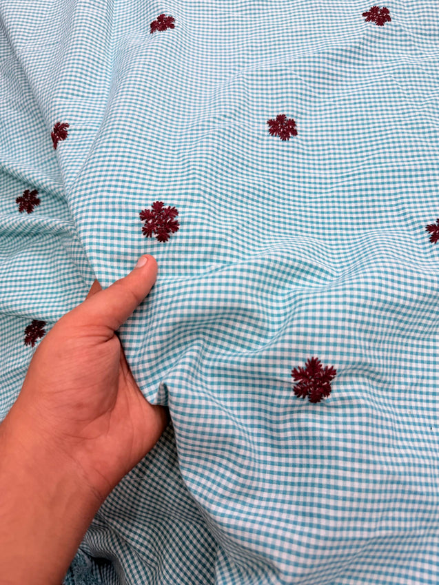 Most Premium Pure Fine Thread Embroidery On Checks Cotton FABRIC (Big WIDTH!!)