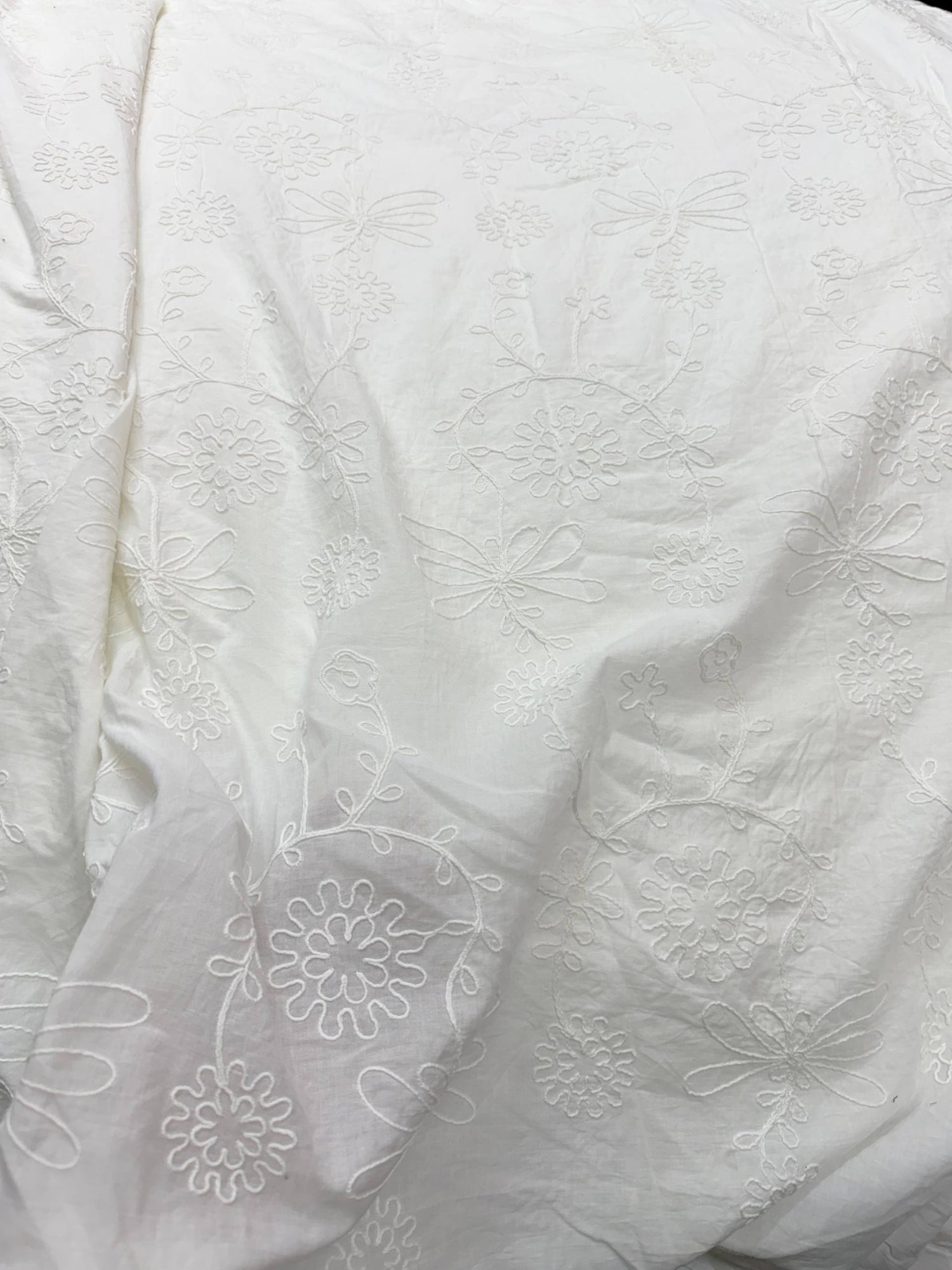 Premium Fine 3D Dori Work With Chikan On Pure  Cotton FABRIC (Big WIDTH!!)  (Dyeable Also)
