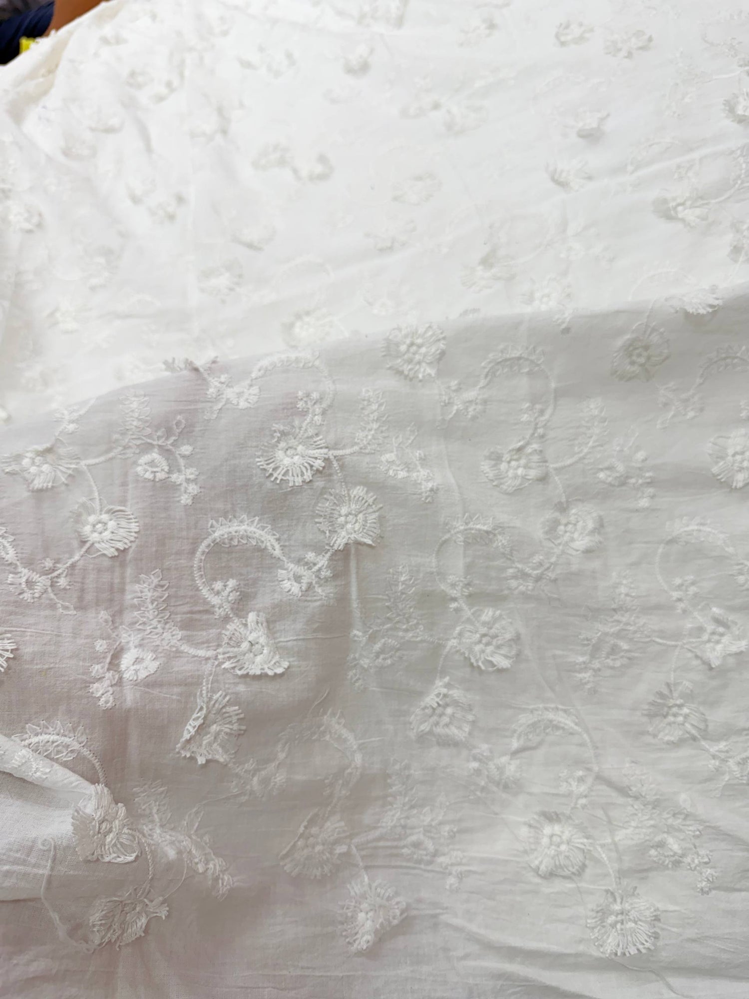 Premium Fine 3D Dori Work With Chikan On Pure  Cotton FABRIC (Big WIDTH!!)  (Dyeable Also)