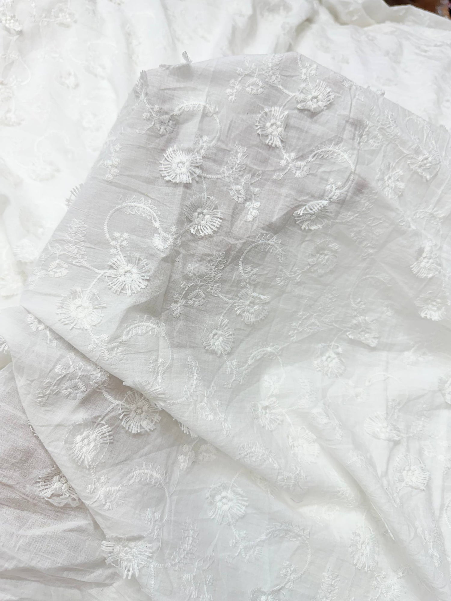 Premium Fine 3D Flower With Chikankari On Pure Cotton FABRIC (Big WIDTH!!) DYEABLE ALSO