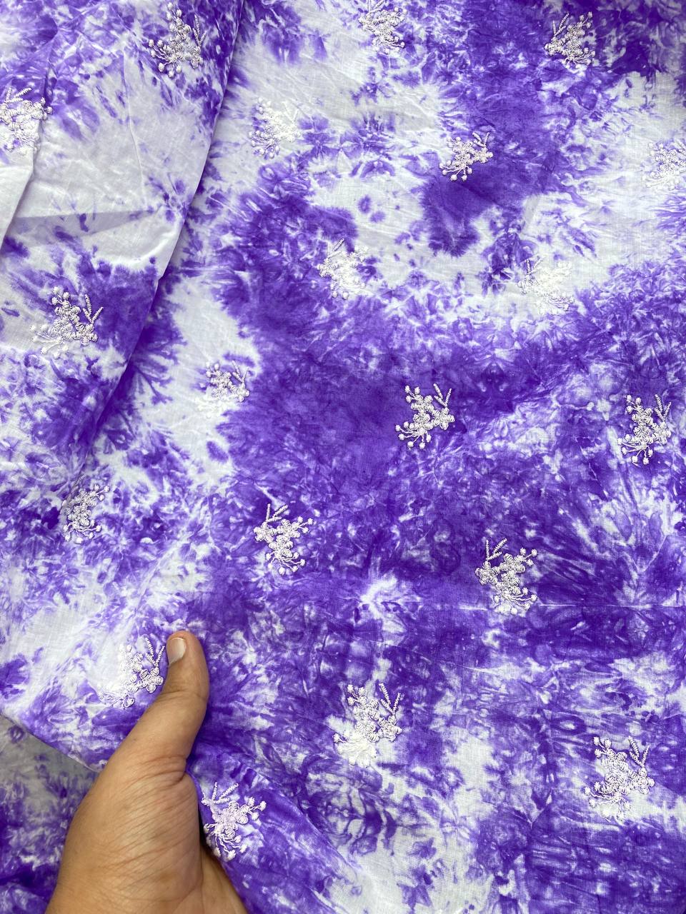 Most Premium Fine Chikankari Embroidery On Pure Cotton Tie& Dye FABRIC (Big WIDTH!!)