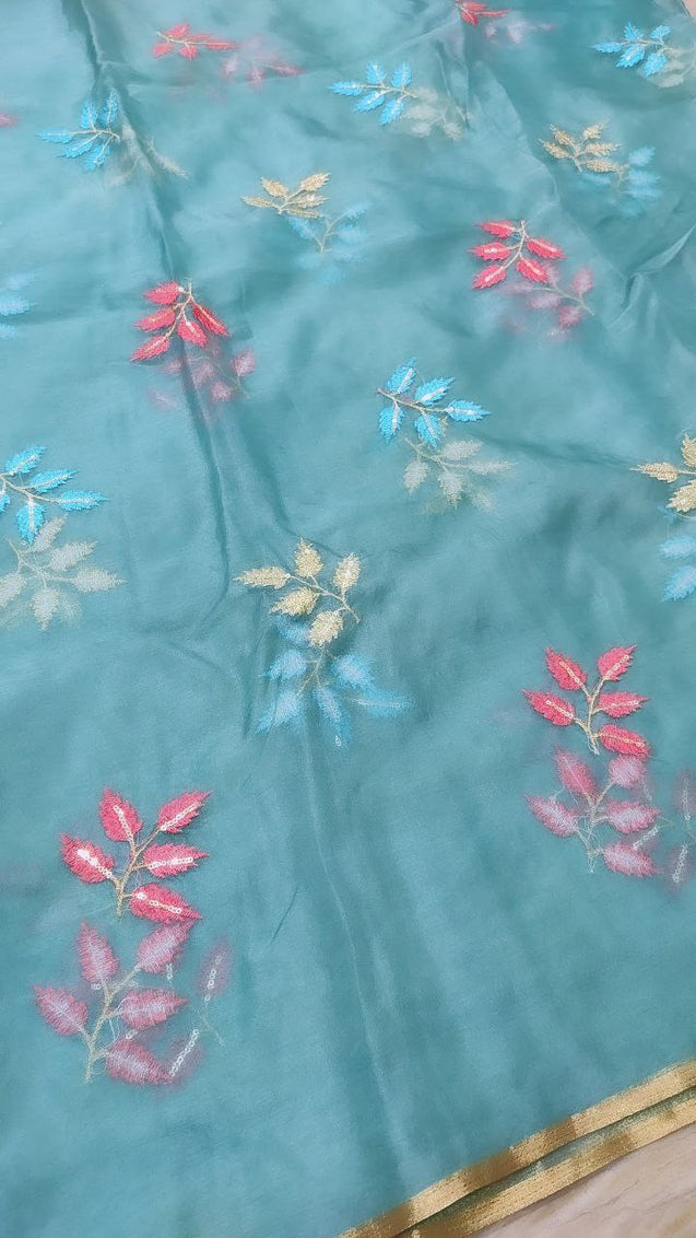 Resham Thread Embroidery On Premium Organza Fabric On SALE!!