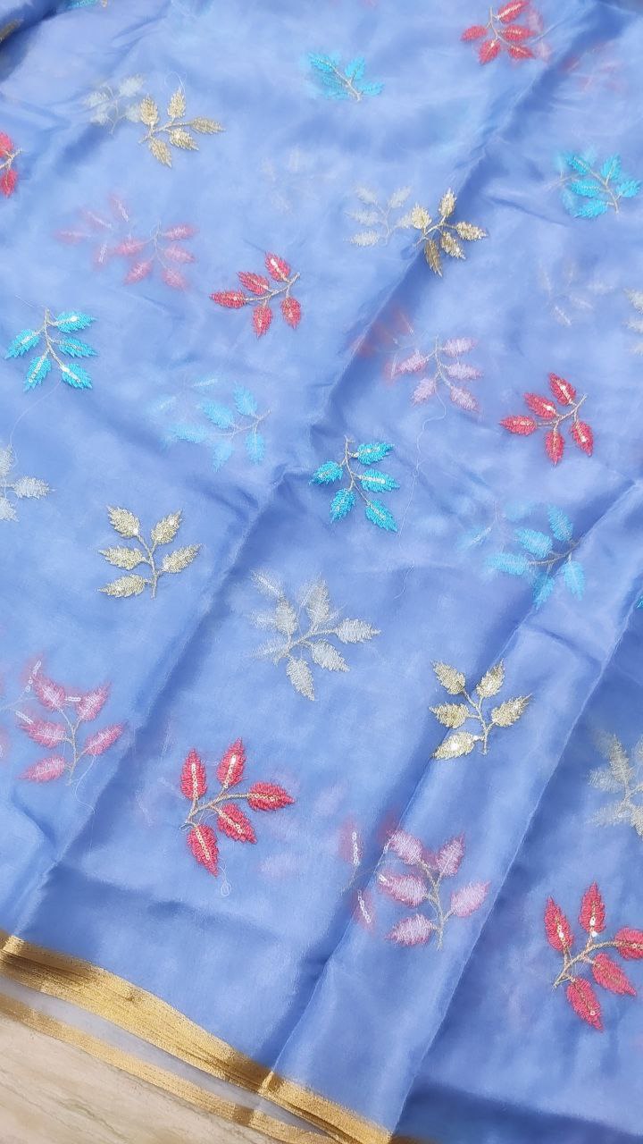 Resham Thread Embroidery On Premium Organza Fabric On SALE!!