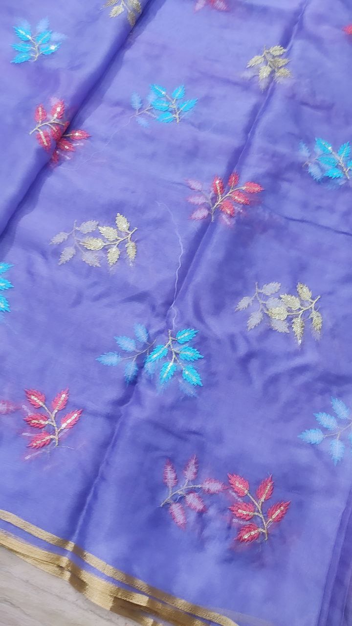 Resham Thread Embroidery On Premium Organza Fabric On SALE!!