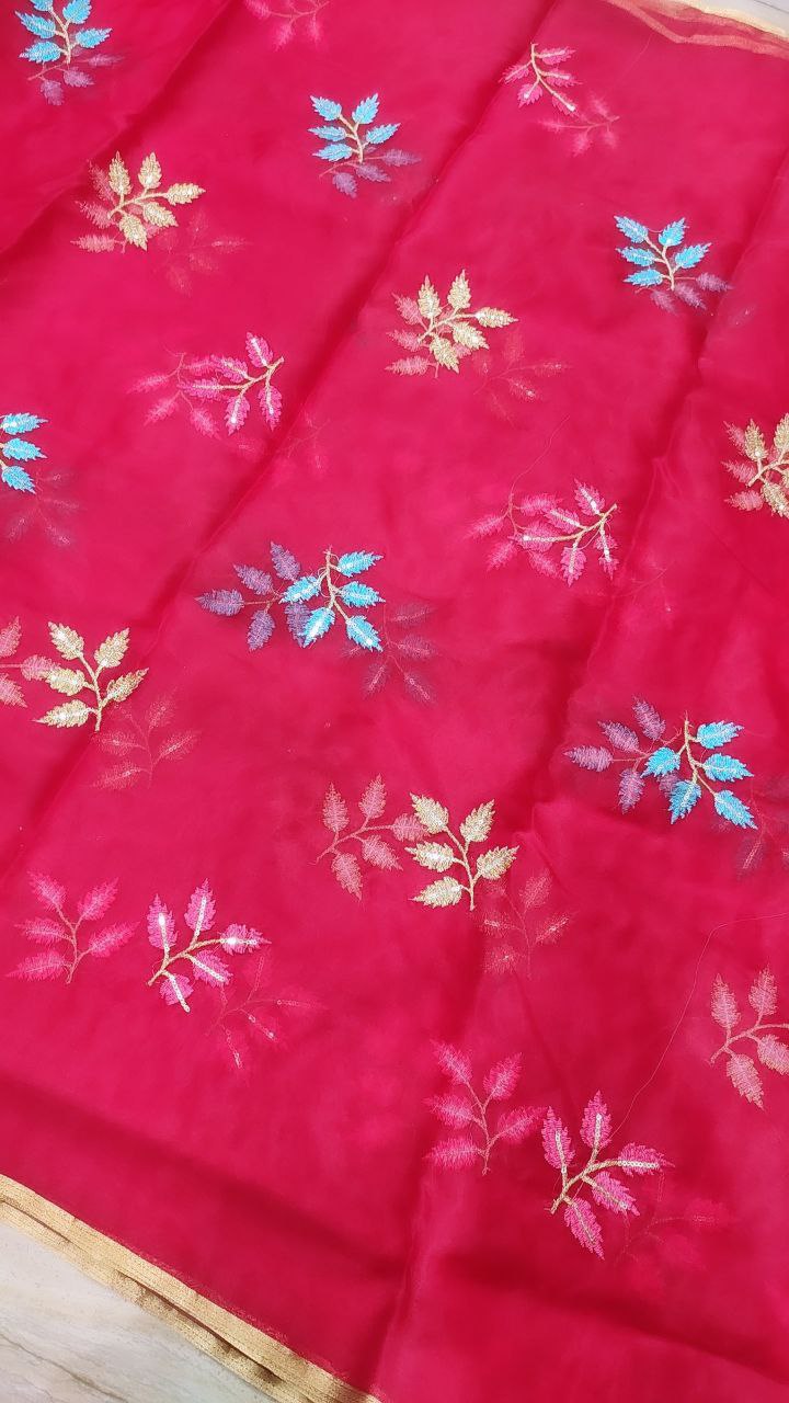 Resham Thread Embroidery On Premium Organza Fabric On SALE!!