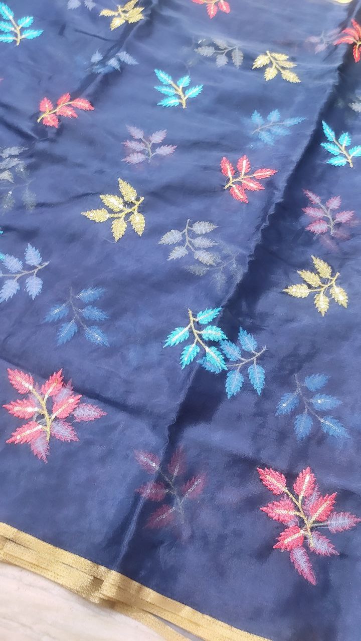 Resham Thread Embroidery On Premium Organza Fabric On SALE!!
