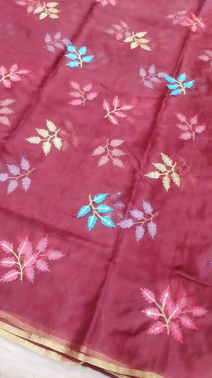 Resham Thread Embroidery On Premium Organza Fabric On SALE!!