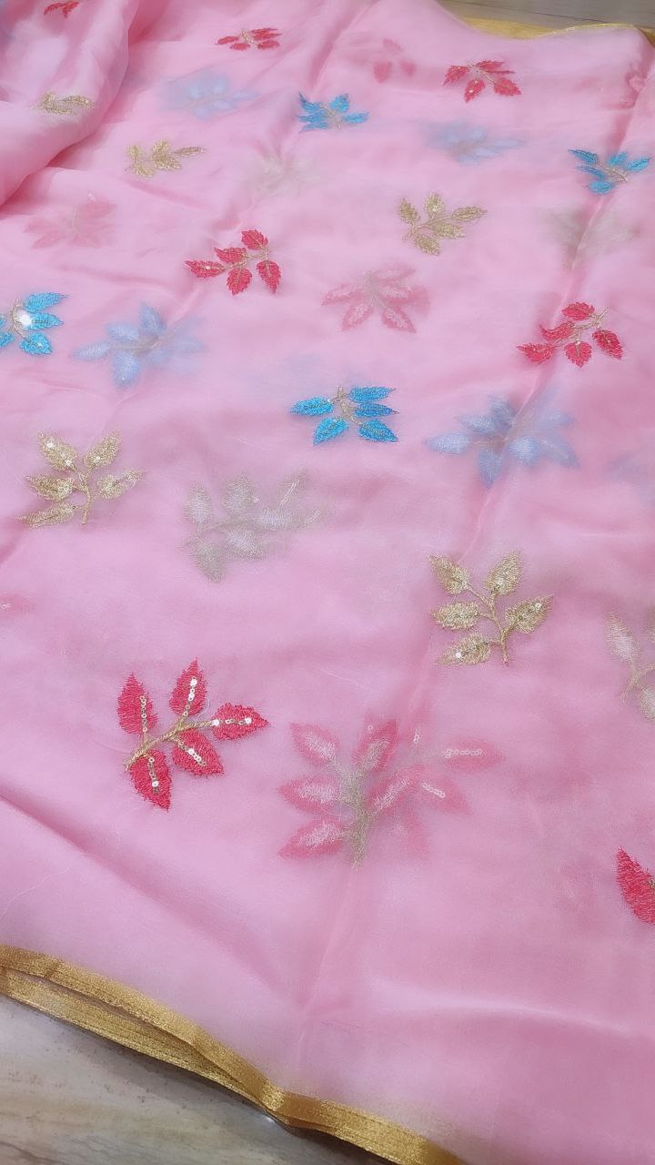 Resham Thread Embroidery On Premium Organza Fabric On SALE!!