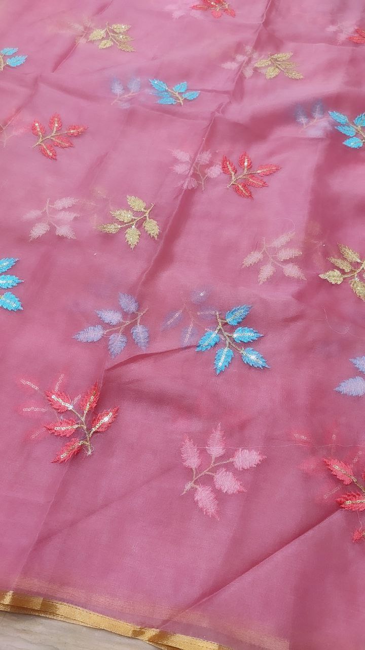 Resham Thread Embroidery On Premium Organza Fabric On SALE!!