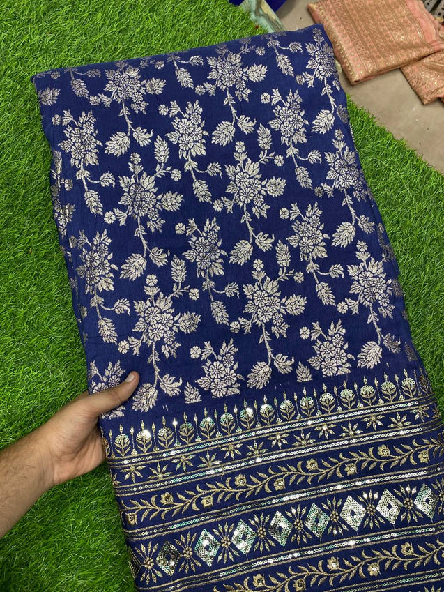 Premium Quality Of Dola Silk With Fine Zari Weaving & Zari Embroidery ( DARK BLUE )
