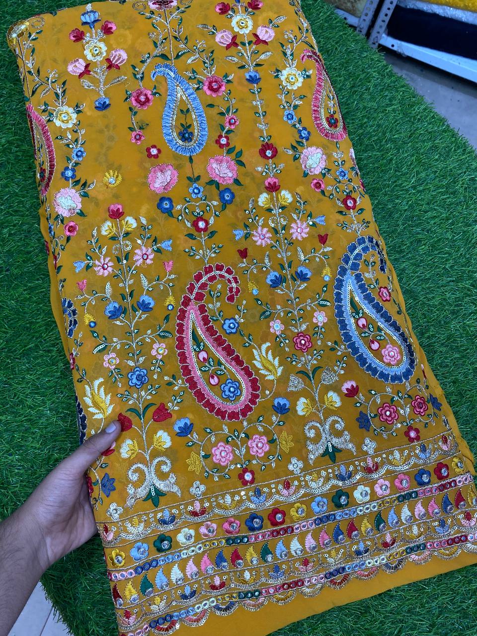 Premium Pure Quality Of Georgette With Mirror & Zara Sequin Resham Thread ( YELLOW )