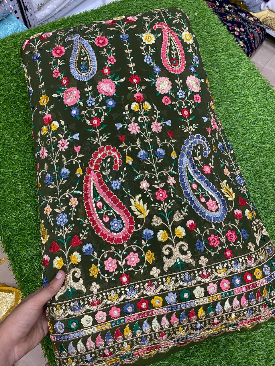 Premium Pure Quality Of Georgette With Mirror & Zara Sequin Resham Thread ( Mehendi GREEN )