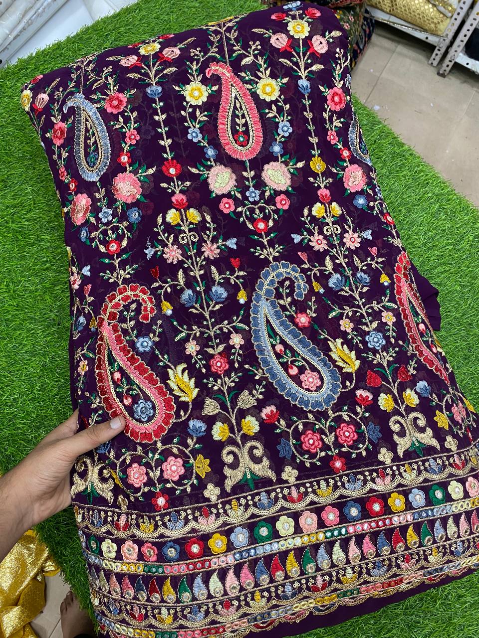 Premium Pure Quality Of Georgette With Mirror & Zara Sequin Resham Thread ( Purple Baigan )