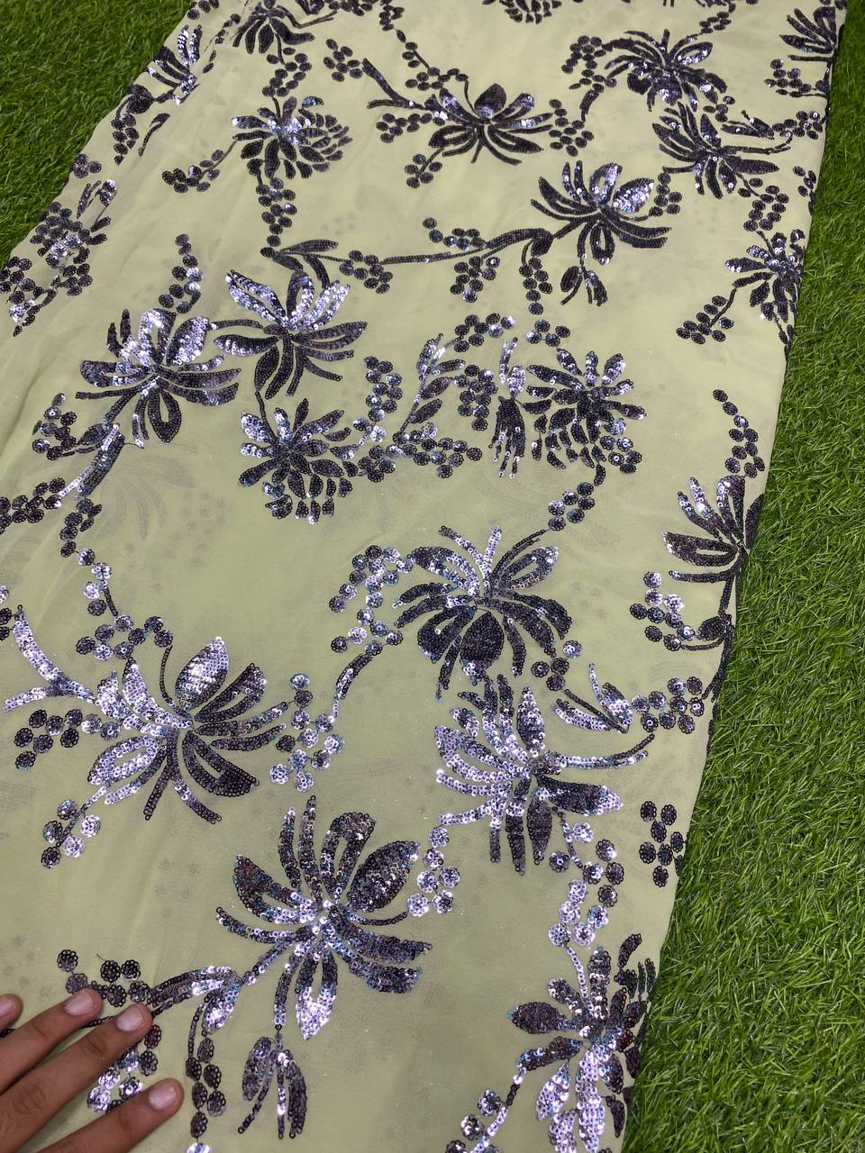 Premium Pure Quality Of Georgette With Zara sequin ( GHIYA GREEN )