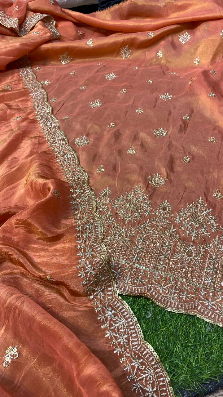 Premium Quality Of Russian Silk Fabric - Border Zari Pattern. (Dupatta Separate) RUST Peach