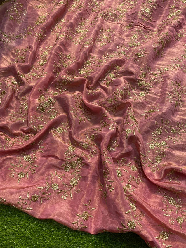 Most Premium Silk - Russian Silk FABRIC Fine Zari Embroidery ( PINK )