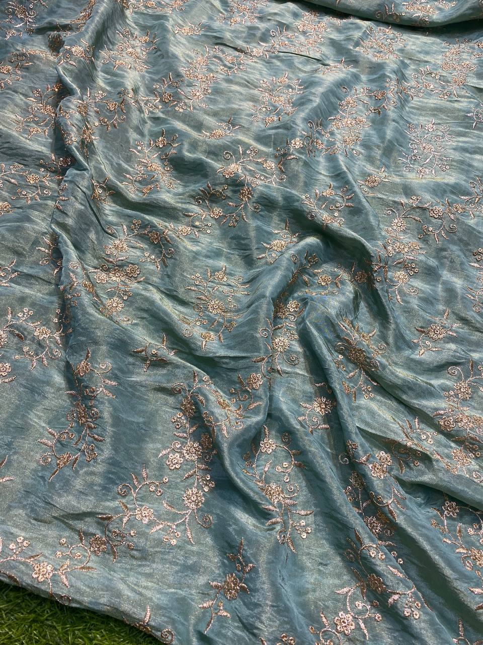 Most Premium Silk - Russian Silk FABRIC Fine Zari Embroidery ( SEA Blue )