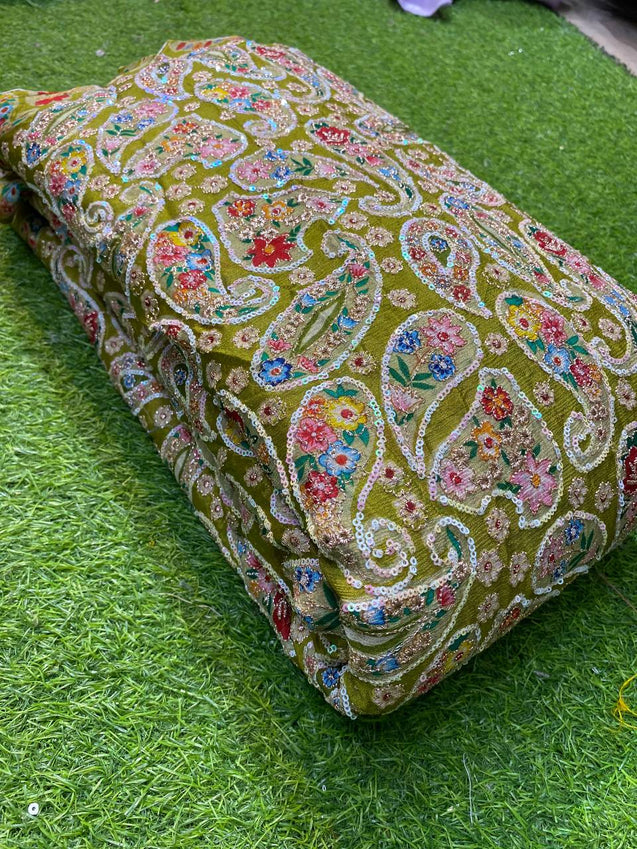 Most Premium Quality Of Chinon Fabric With Sequin Embroidery (  LIME GREEN )