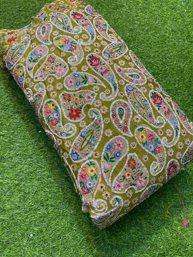 Most Premium Quality Of Chinon Fabric With Sequin Embroidery (  LIME GREEN )