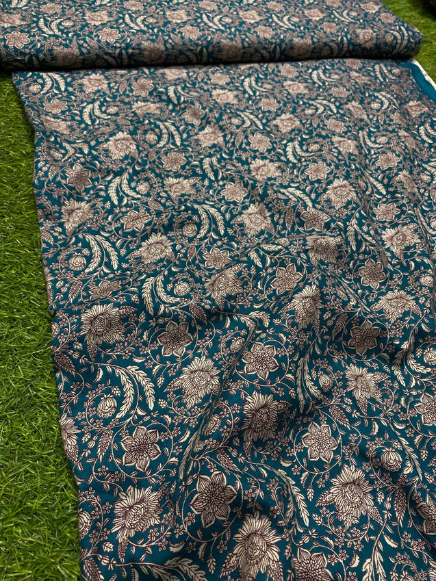 ( Kalamkari ) Most Premium Quality Of Pure Giza & Egyptian Cotton Fabric - With Digital Print ( Teal Green)