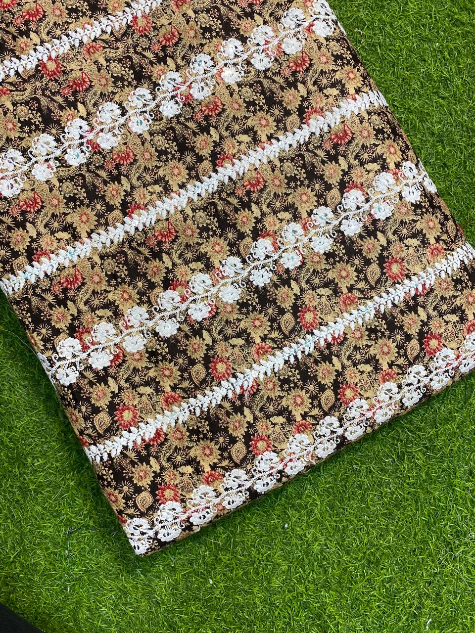 Most Premium Quality Of Lucknowi Lace Embroidery With Sequin On Cotton Fabric (Coffee Brown Color)