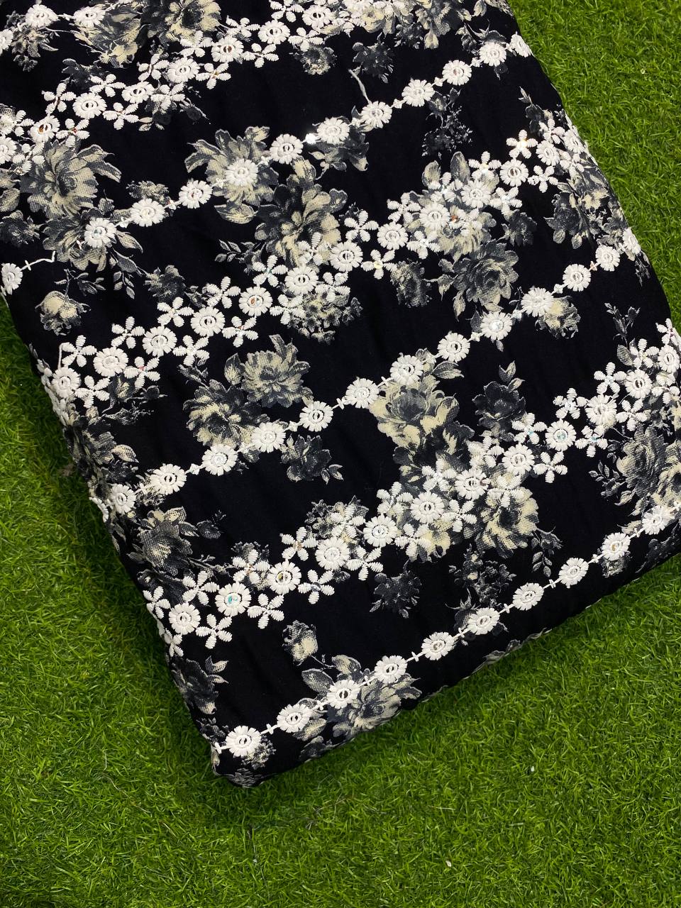 Most Premium Quality Of Lucknowi Lace Embroidery With Sequin On Premium Rayon Fabric (Black Color)