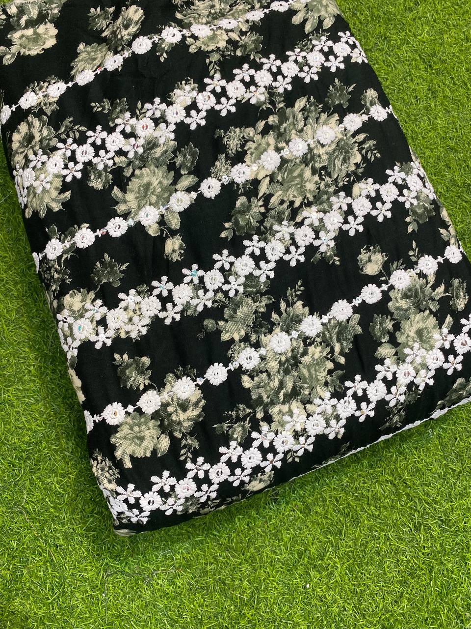 Most Premium Quality Of Lucknowi Lace Embroidery With Sequin On Premium Rayon Fabric (Dark Green Color)