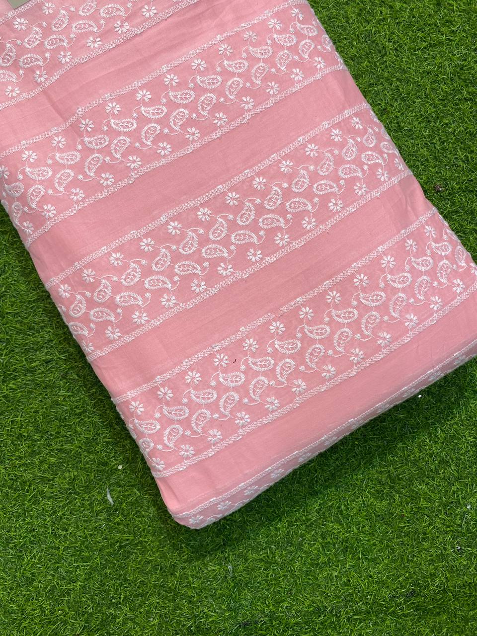 Most Premium Cotton Fabric With Sequin Embroidery (Peach)