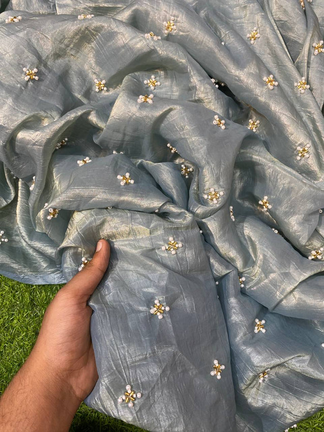 Most Premium Fabric - Zari Organza With Hand Work (Powder Blue)