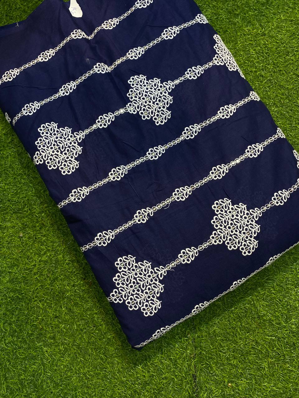 Most Premium Pure Cotton Fabrics - Lakhnavi Embroidery (DARK BLUE)