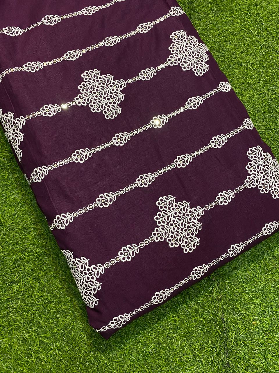 Most Premium Pure Cotton Fabrics - Lakhnavi Embroidery (WINE)