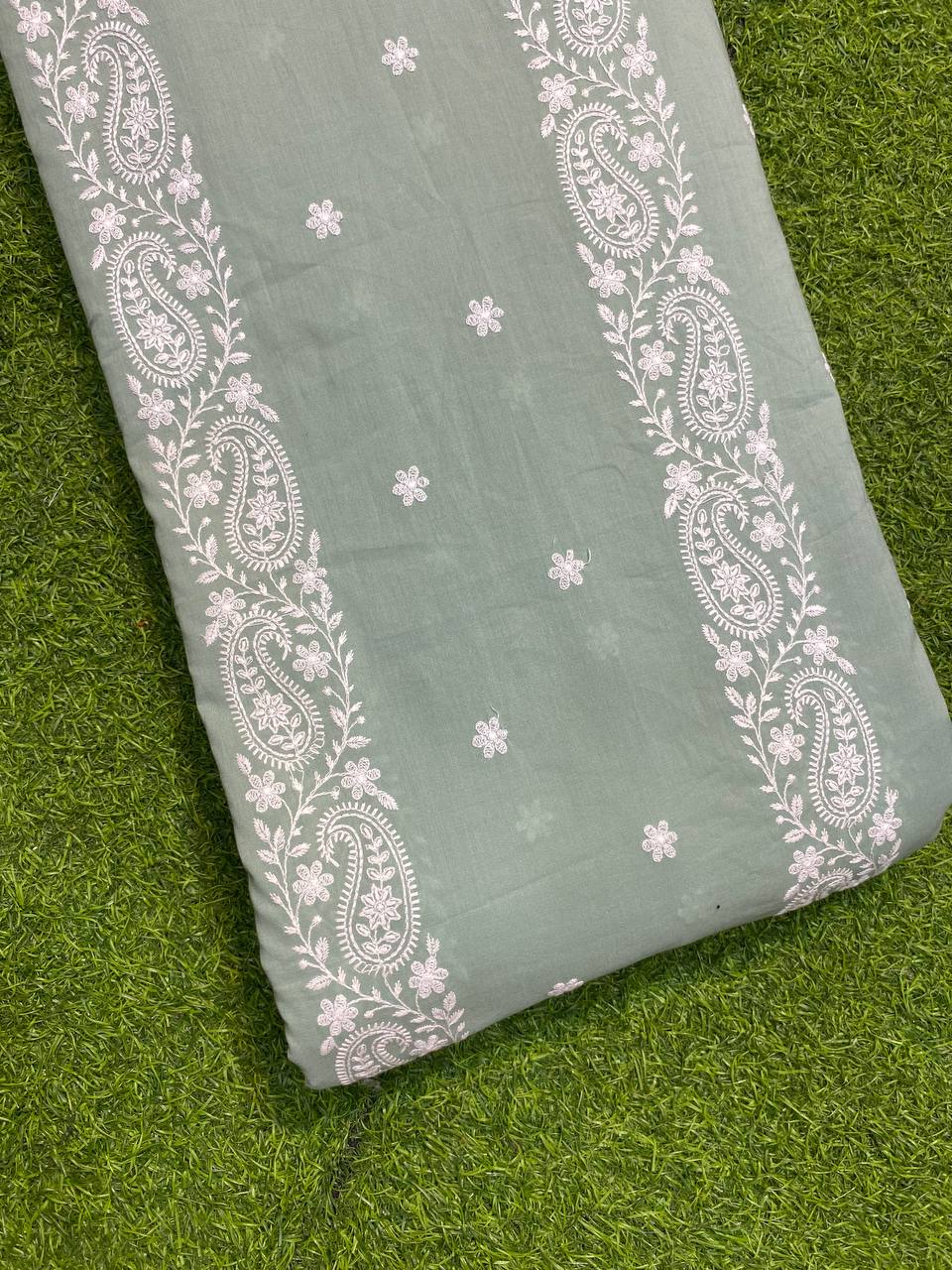 Most Premium Cotton Fabric With Fine Lucknowi Embroidery (Green)