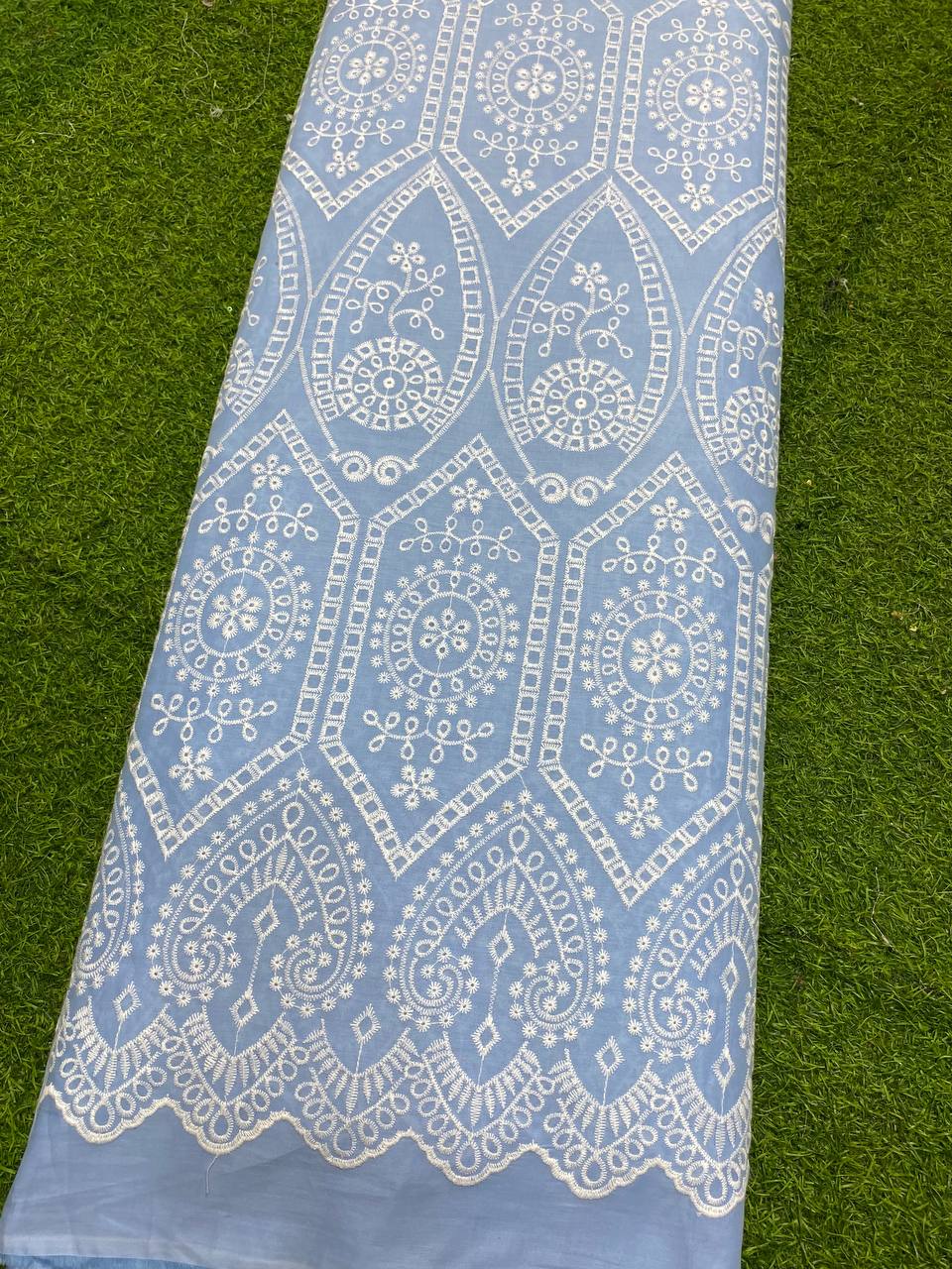 Most Premium Pure Cotton Fabric - Fine Lakhnavi Embroidery (Blue)