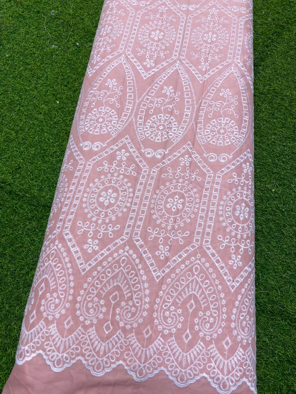 Most Premium Pure Cotton Fabric - Fine Lakhnavi Embroidery (Peach)