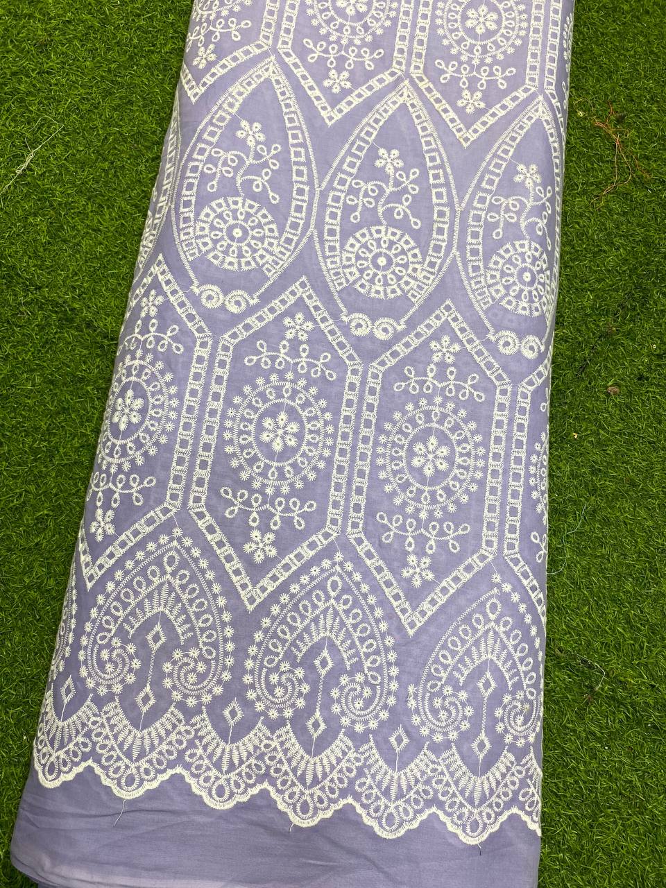 Most Premium Pure Cotton Fabric - Fine Lakhnavi Embroidery (Lavender)