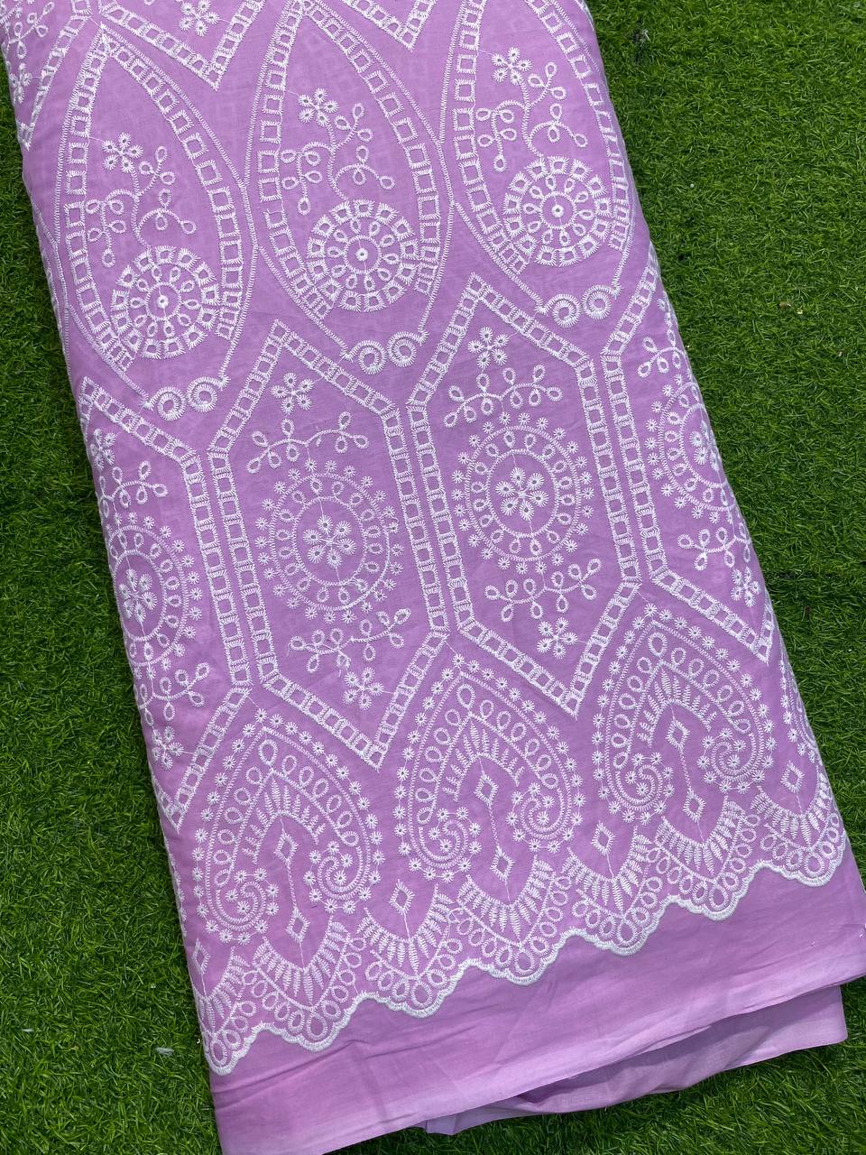 Most Premium Pure Cotton Fabric - Fine Lakhnavi Embroidery (Pink Lavender)
