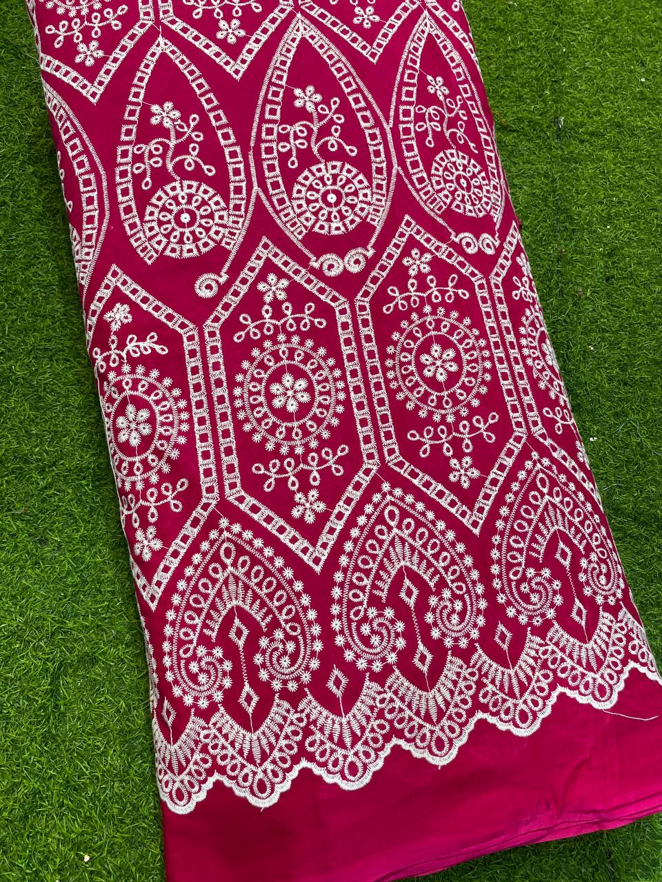 Most Premium Pure Cotton Fabric - Fine Lakhnavi Embroidery (Pink)