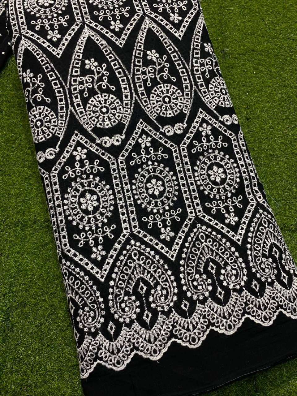 Most Premium Pure Cotton Fabric - Fine Lakhnavi Embroidery (BLACK)